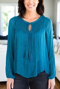Rebecca Malone Teal Blue Smocked Tassel Blouse - Size XL - Excellent Preowned Co